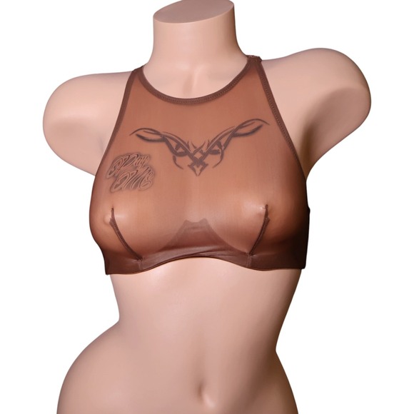 Savage X Fenty Other - Savage X Fenty Sheer Tattoo Mesh Racerback Bralette Brown 32A‎ NWT